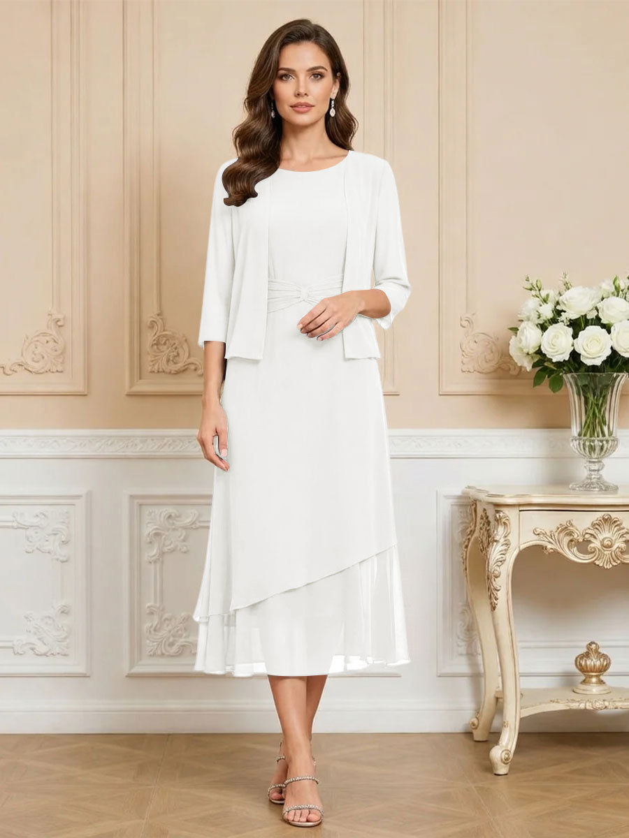 3/4 Sleeve Round Neck A-Line Midi Chiffon Mother of the Bride Dresses with Jacket