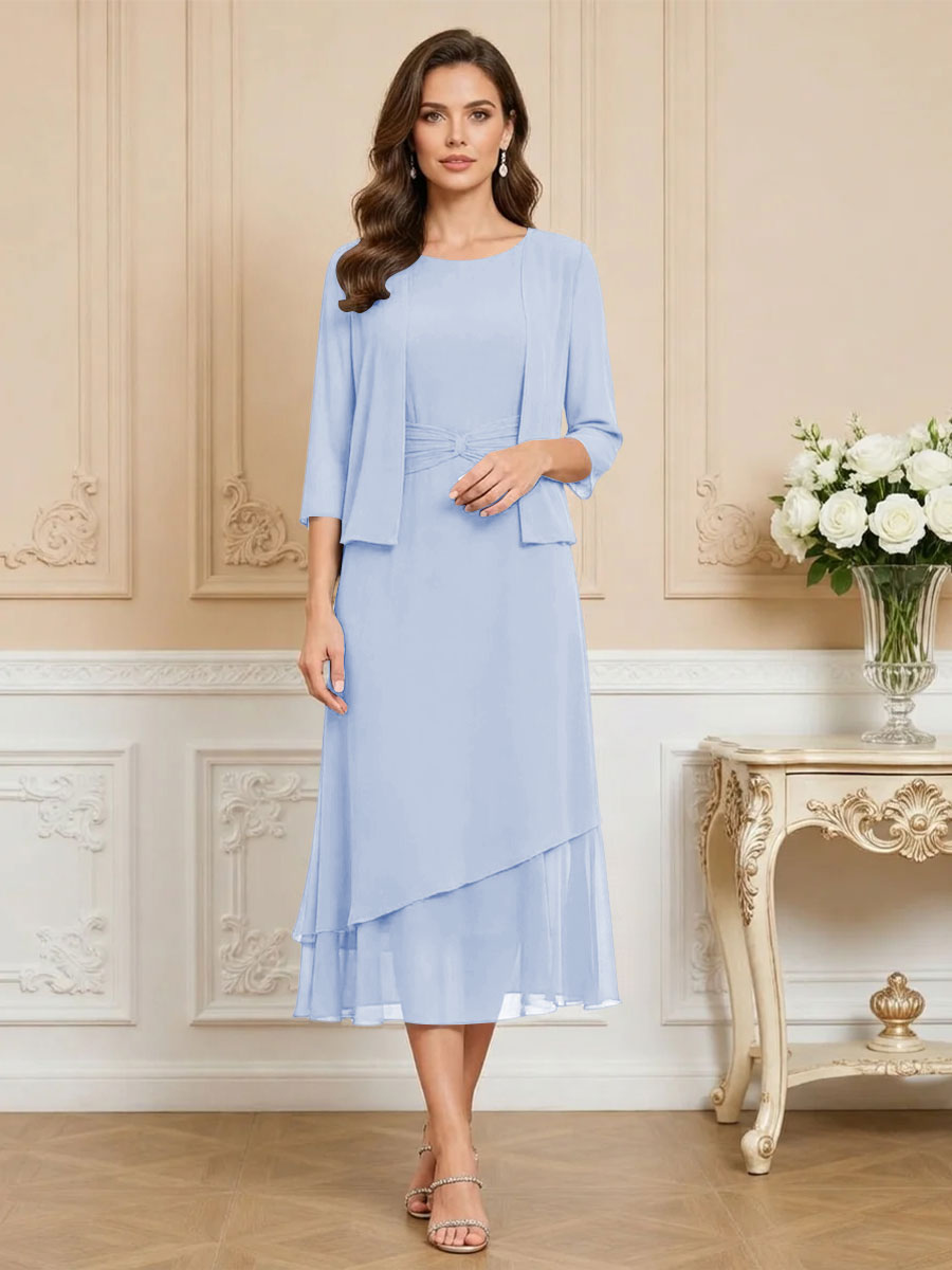 3/4 Sleeve Round Neck A-Line Midi Chiffon Mother of the Bride Dresses with Jacket