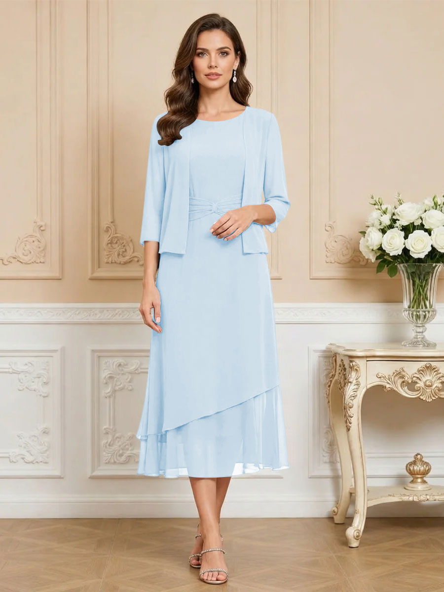 3/4 Sleeve Round Neck A-Line Midi Chiffon Mother of the Bride Dresses with Jacket