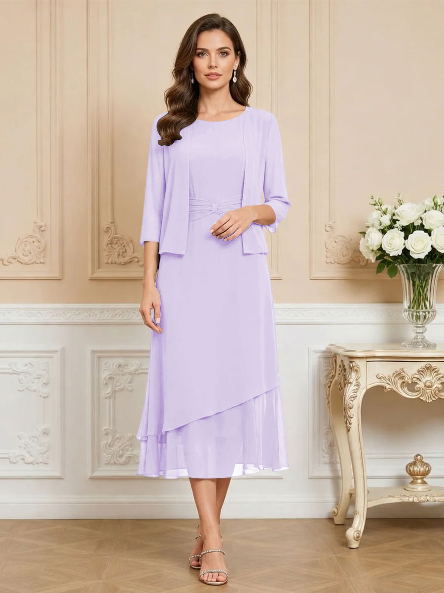 3/4 Sleeve Round Neck A-Line Midi Chiffon Mother of the Bride Dresses with Jacket