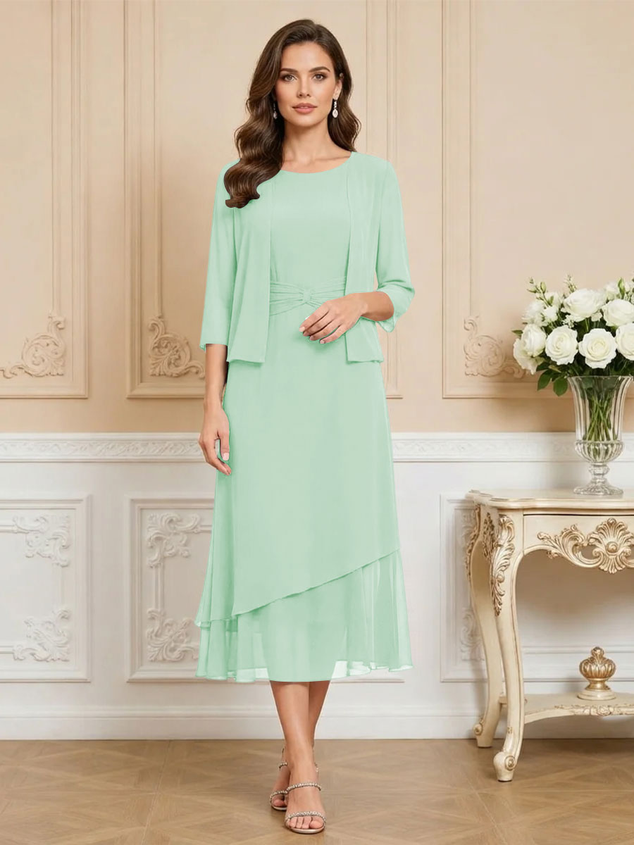 3/4 Sleeve Round Neck A-Line Midi Chiffon Mother of the Bride Dresses with Jacket