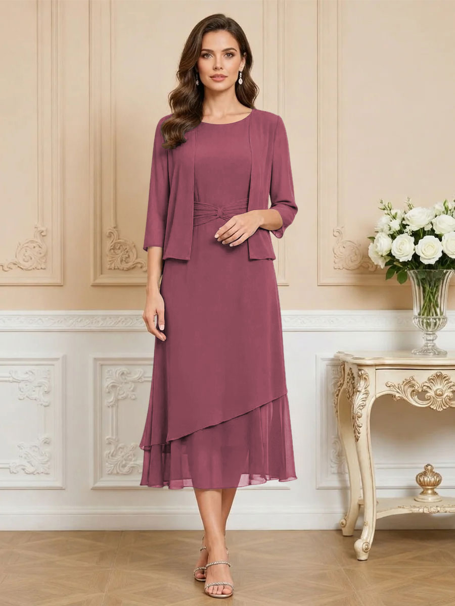 3/4 Sleeve Round Neck A-Line Midi Chiffon Mother of the Bride Dresses with Jacket