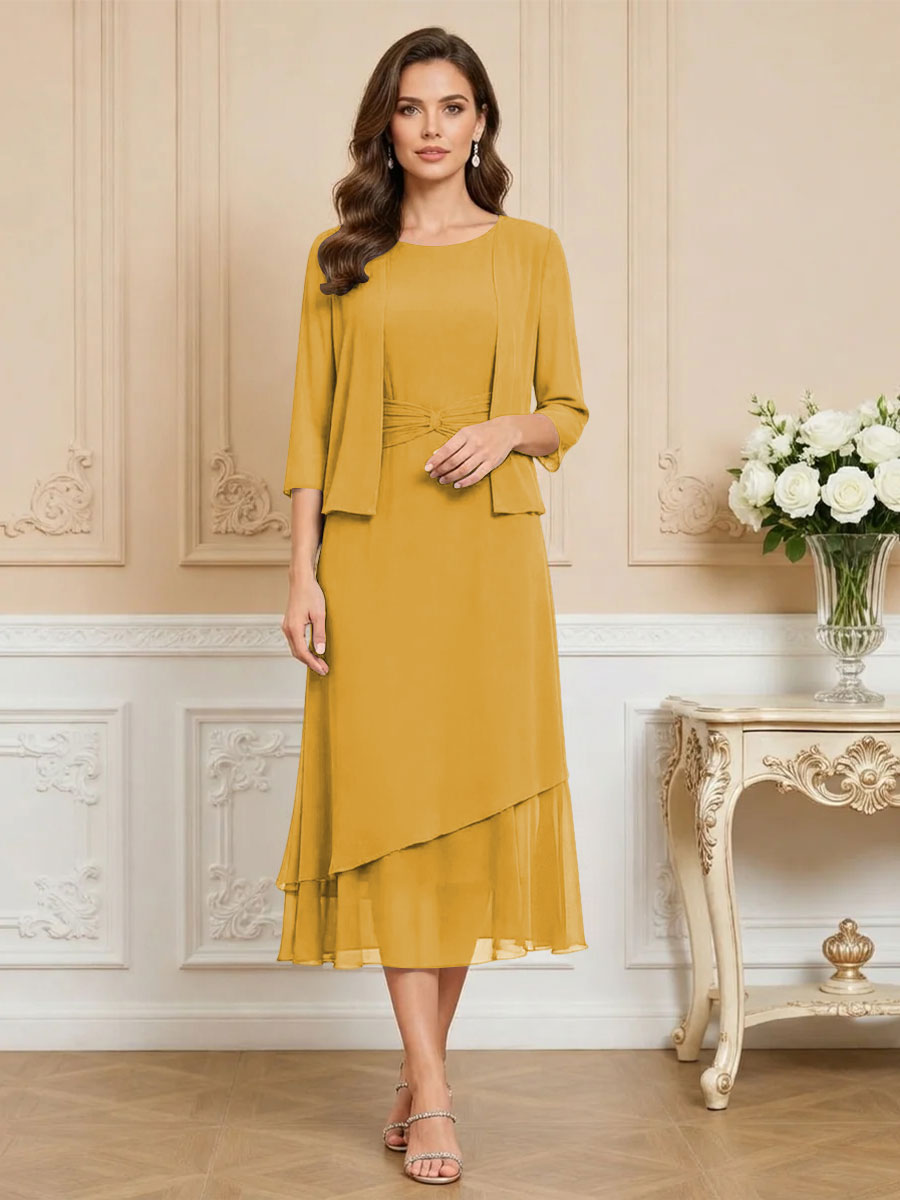 3/4 Sleeve Round Neck A-Line Midi Chiffon Mother of the Bride Dresses with Jacket