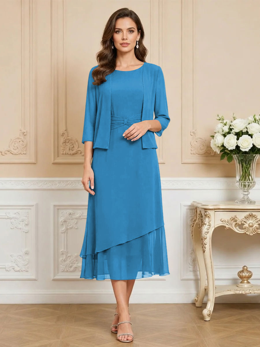 3/4 Sleeve Round Neck A-Line Midi Chiffon Mother of the Bride Dresses with Jacket