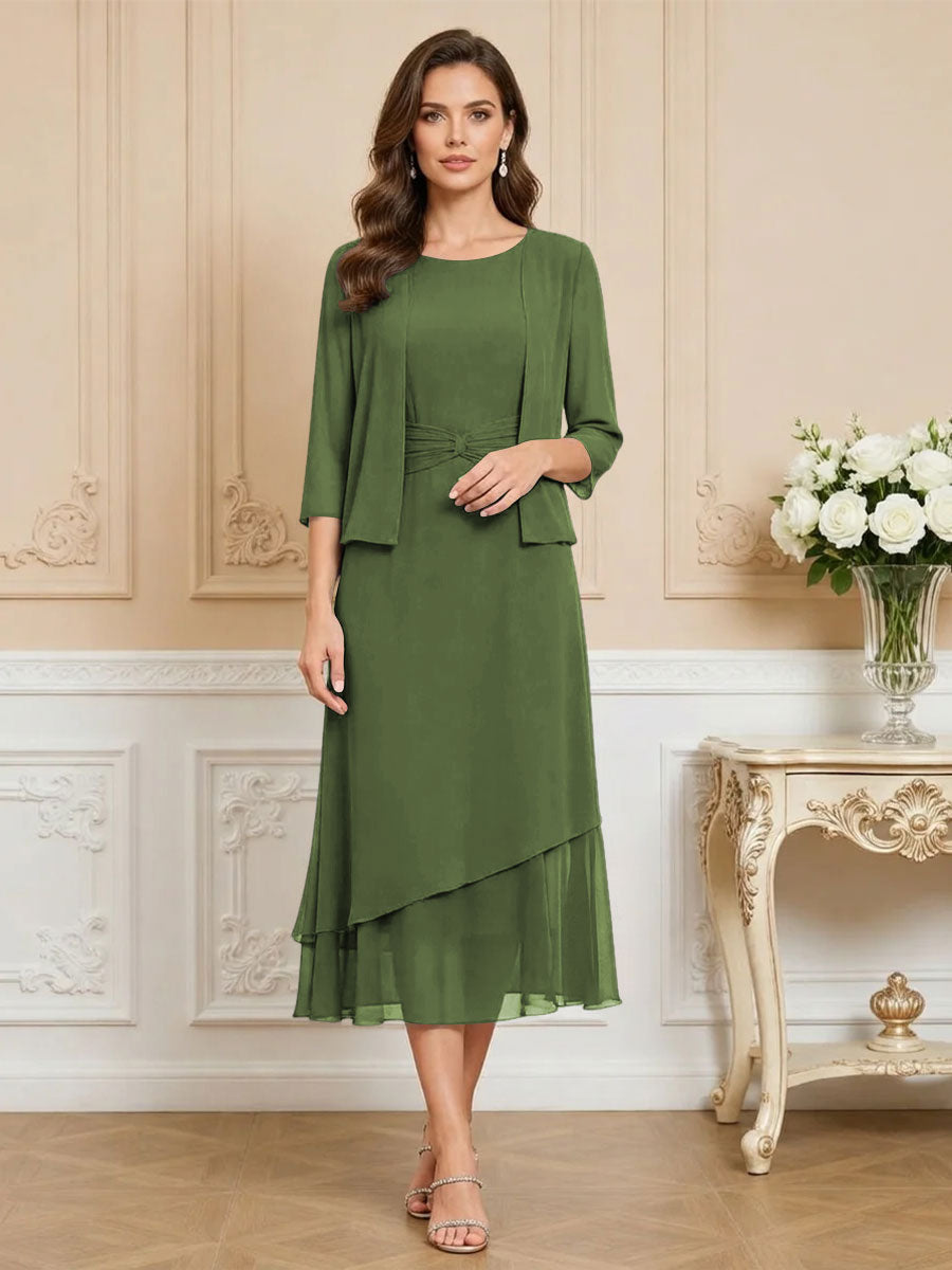 3/4 Sleeve Round Neck A-Line Midi Chiffon Mother of the Bride Dresses with Jacket