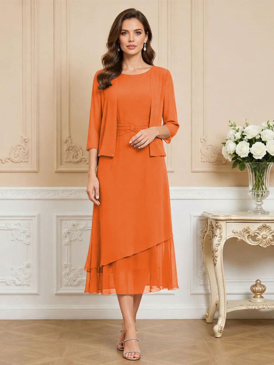 3/4 Sleeve Round Neck A-Line Midi Chiffon Mother of the Bride Dresses with Jacket