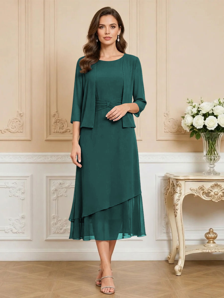 3/4 Sleeve Round Neck A-Line Midi Chiffon Mother of the Bride Dresses with Jacket