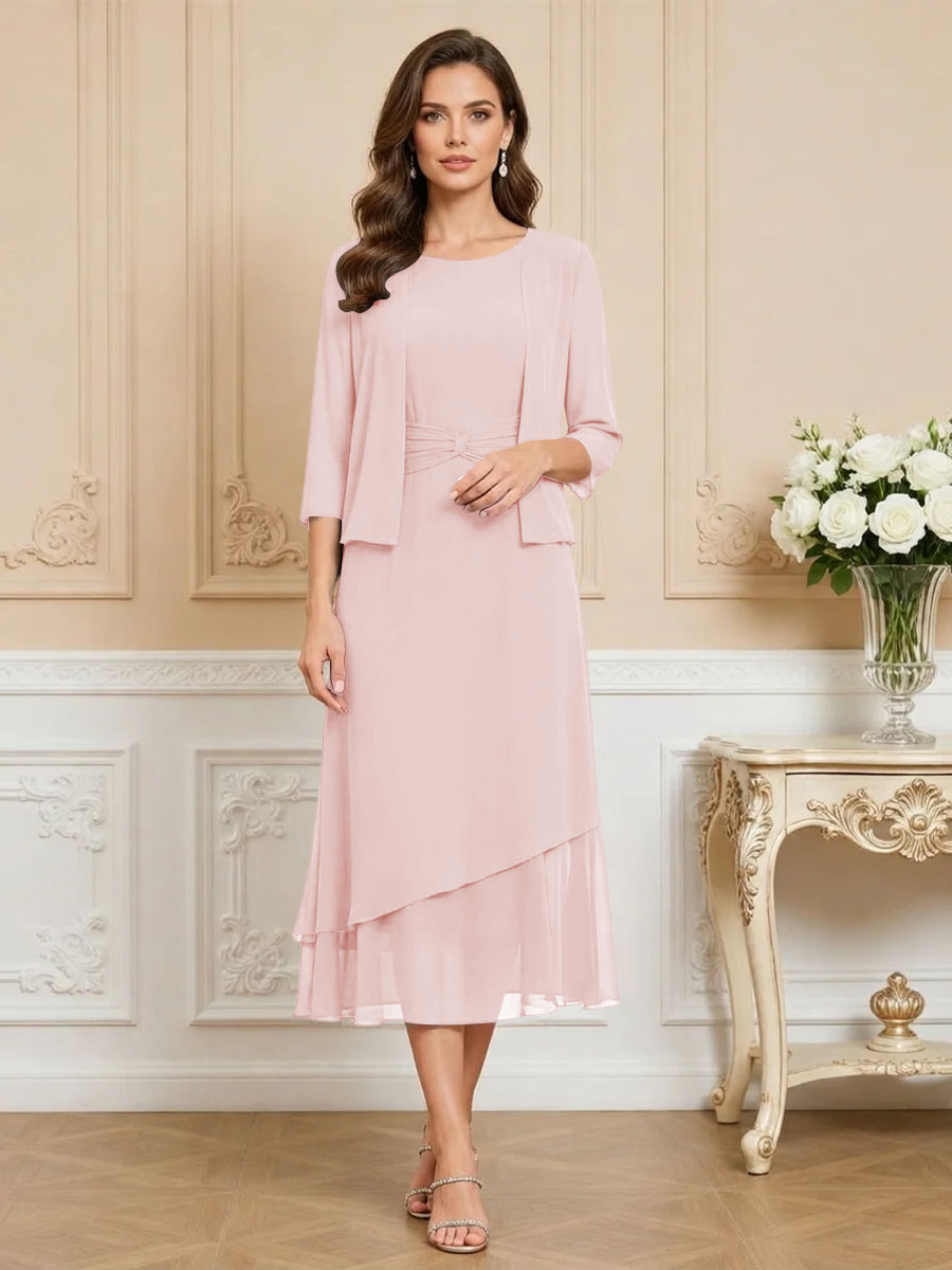 3/4 Sleeve Round Neck A-Line Midi Chiffon Mother of the Bride Dresses with Jacket