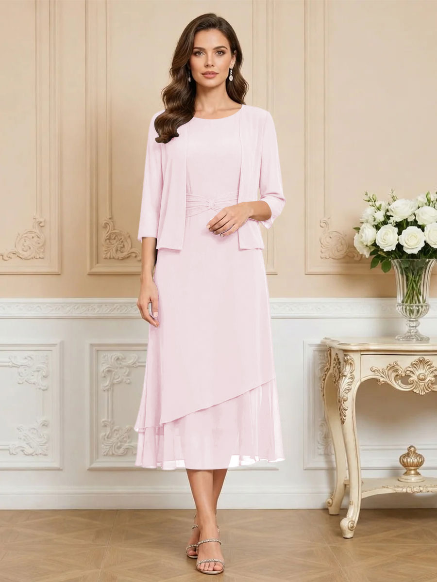 3/4 Sleeve Round Neck A-Line Midi Chiffon Mother of the Bride Dresses with Jacket