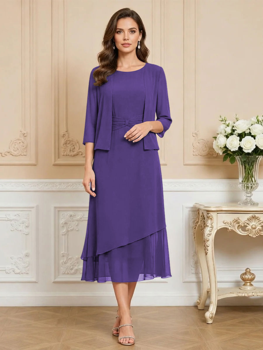 3/4 Sleeve Round Neck A-Line Midi Chiffon Mother of the Bride Dresses with Jacket
