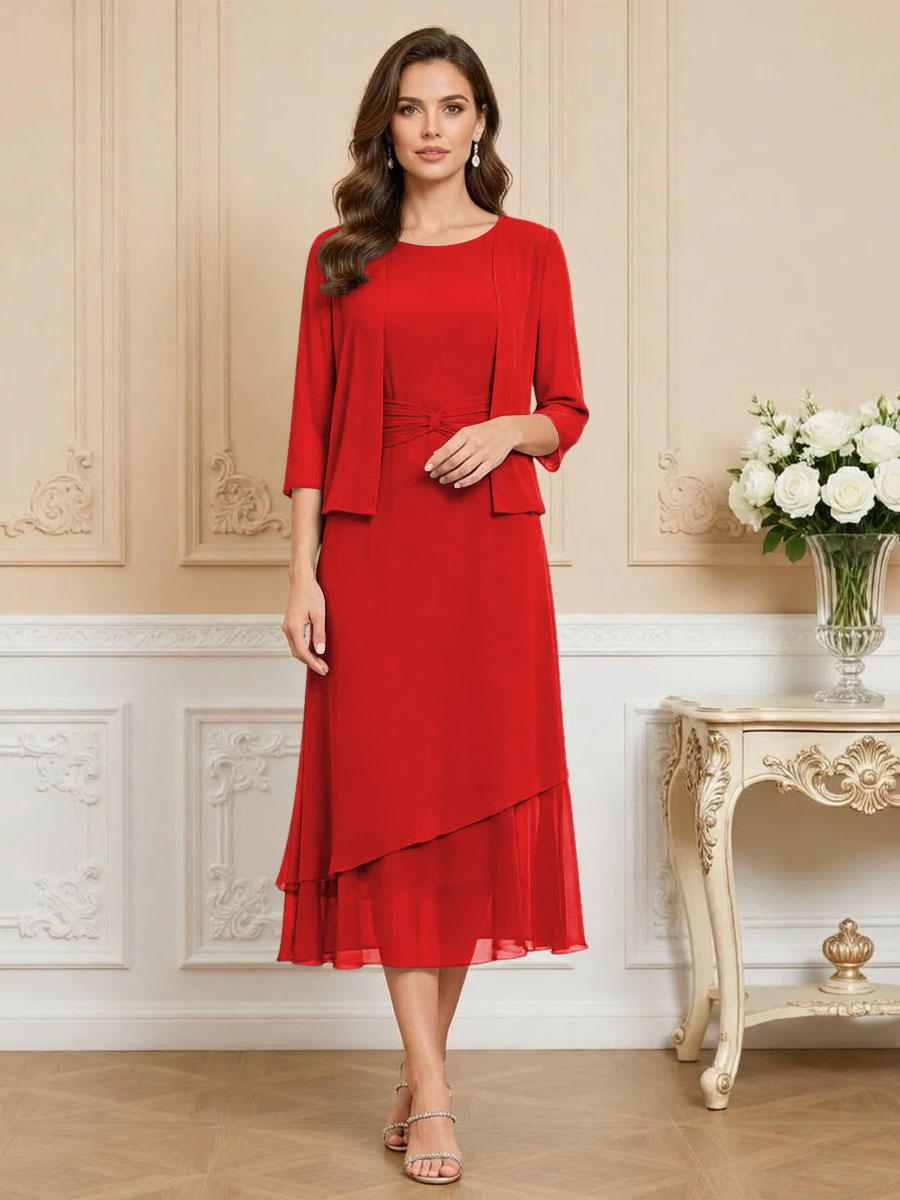 3/4 Sleeve Round Neck A-Line Midi Chiffon Mother of the Bride Dresses with Jacket