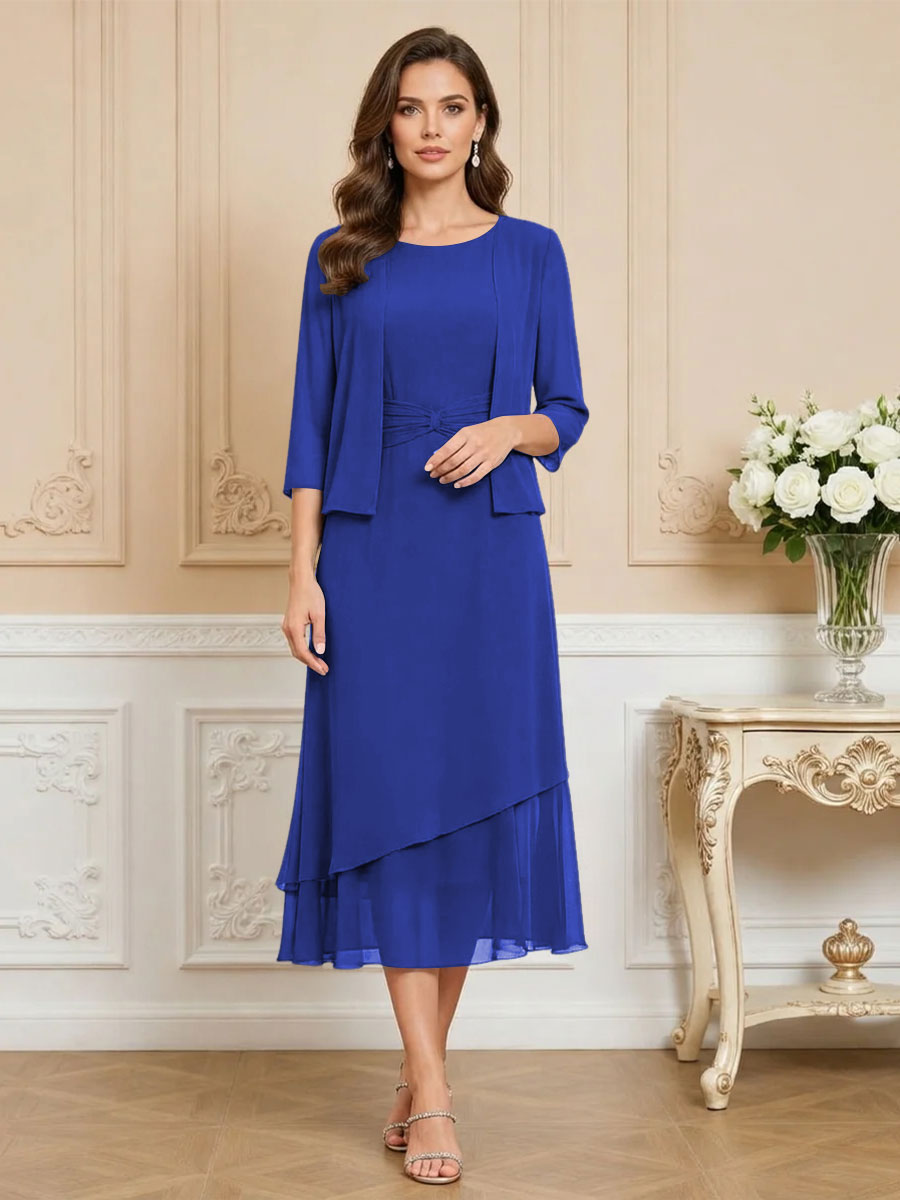 3/4 Sleeve Round Neck A-Line Midi Chiffon Mother of the Bride Dresses with Jacket