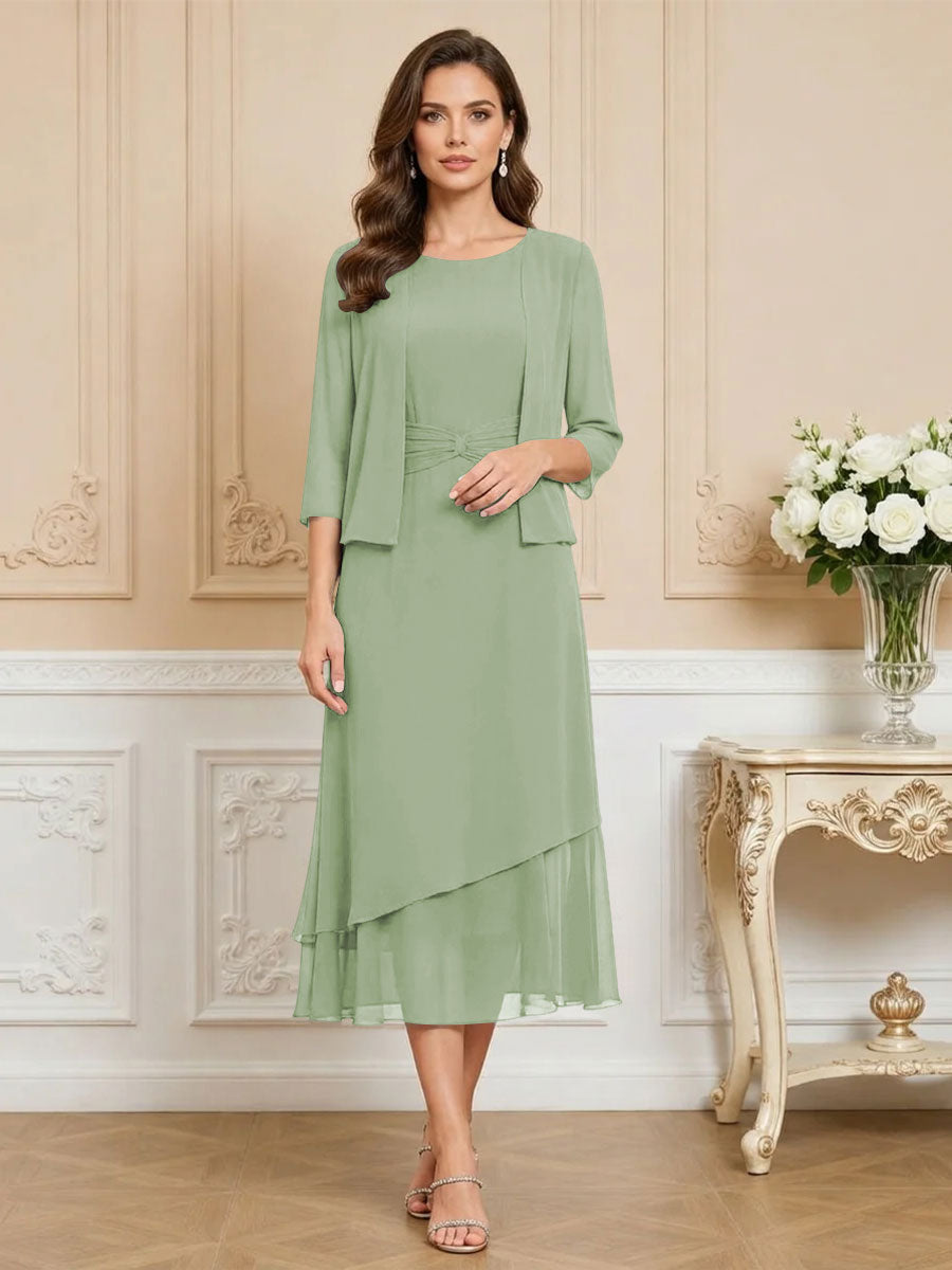 3/4 Sleeve Round Neck A-Line Midi Chiffon Mother of the Bride Dresses with Jacket