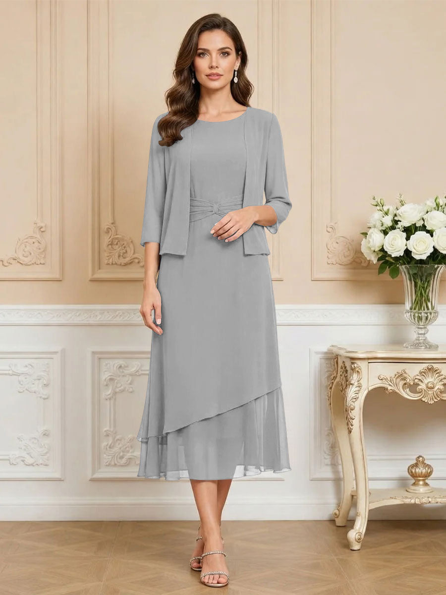 3/4 Sleeve Round Neck A-Line Midi Chiffon Mother of the Bride Dresses with Jacket
