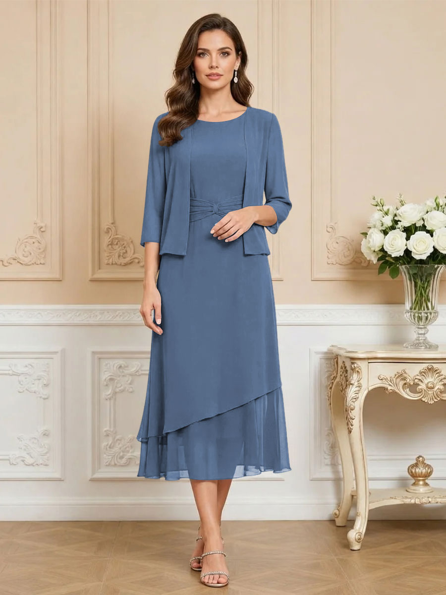 3/4 Sleeve Round Neck A-Line Midi Chiffon Mother of the Bride Dresses with Jacket