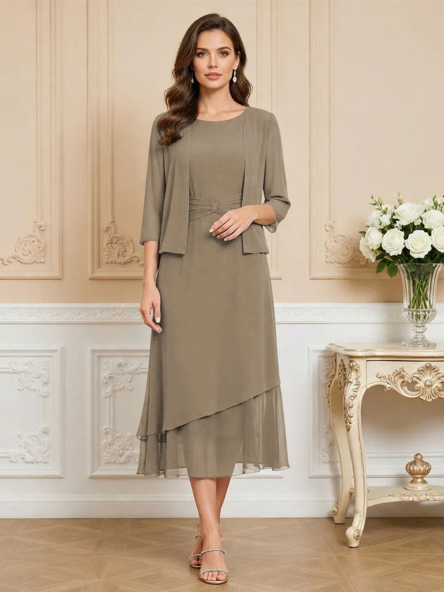 3/4 Sleeve Round Neck A-Line Midi Chiffon Mother of the Bride Dresses with Jacket