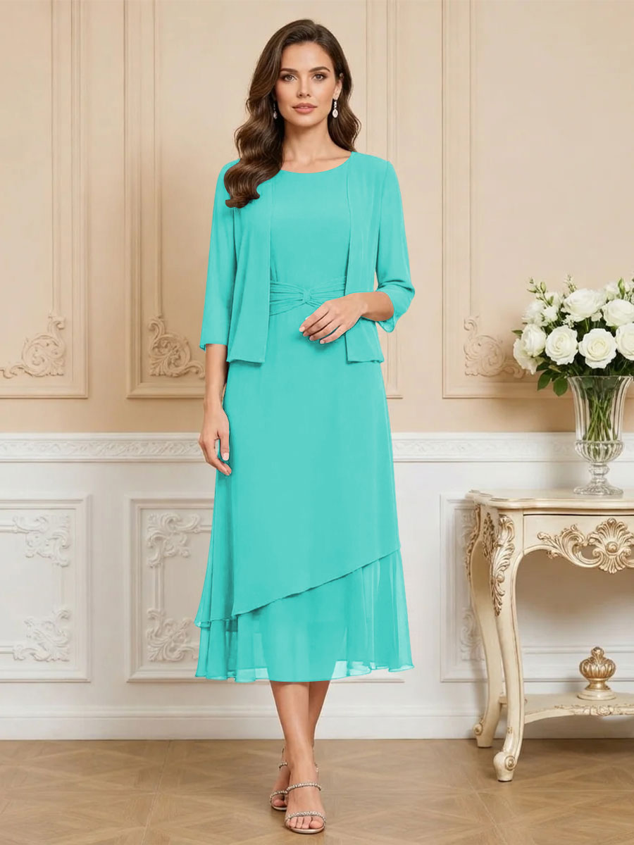 3/4 Sleeve Round Neck A-Line Midi Chiffon Mother of the Bride Dresses with Jacket