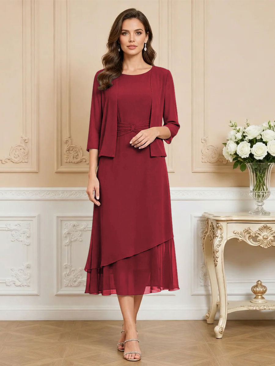 3/4 Sleeve Round Neck A-Line Midi Chiffon Mother of the Bride Dresses with Jacket
