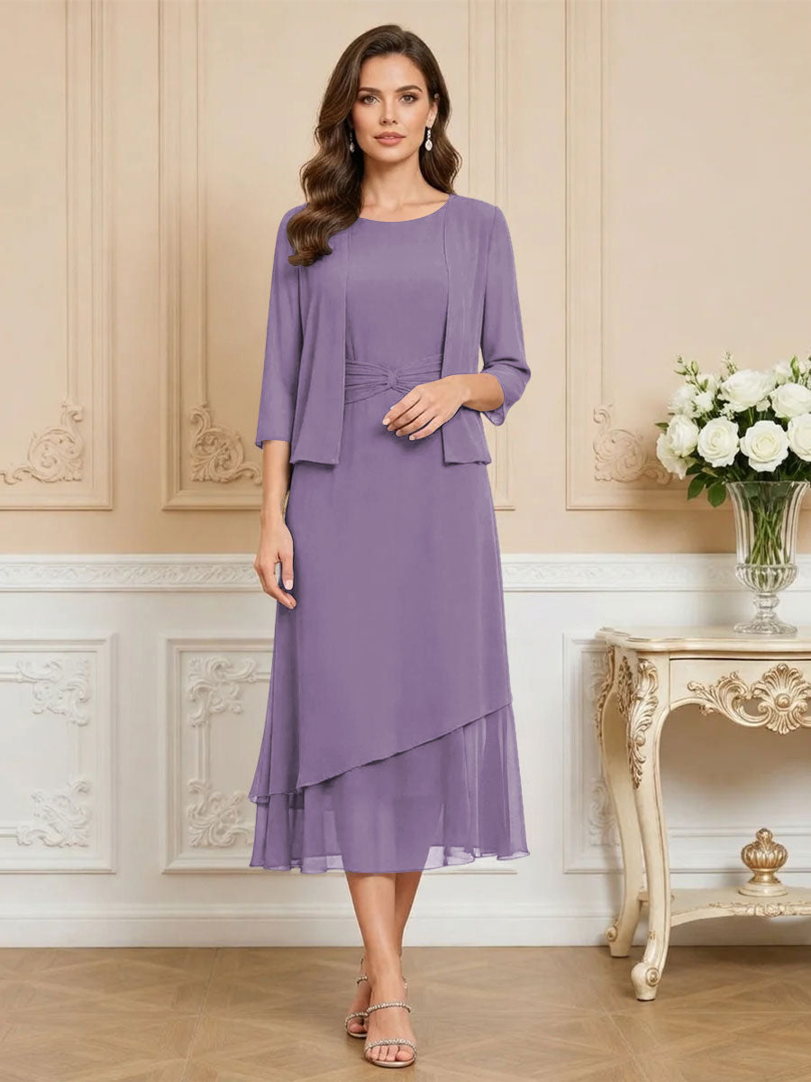 3/4 Sleeve Round Neck A-Line Midi Chiffon Mother of the Bride Dresses with Jacket