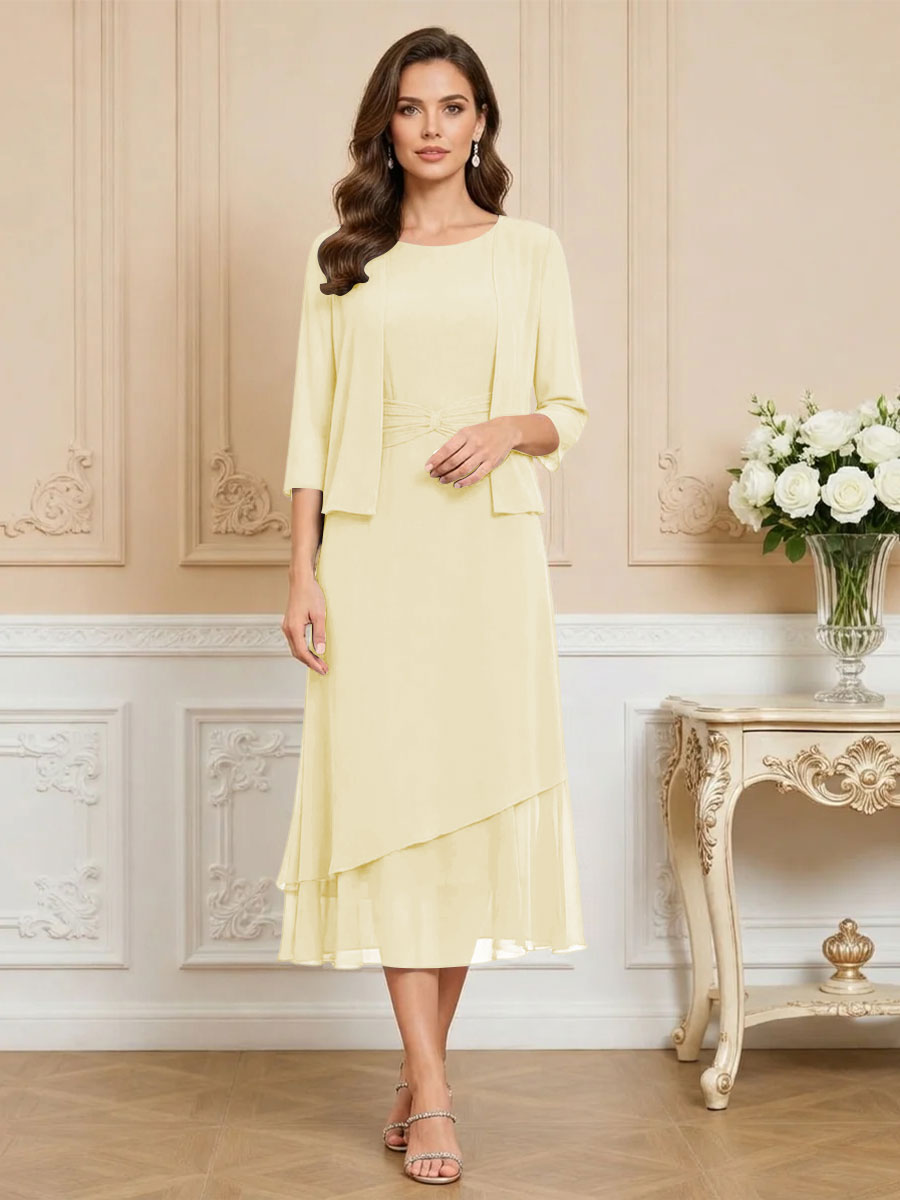 3/4 Sleeve Round Neck A-Line Midi Chiffon Mother of the Bride Dresses with Jacket