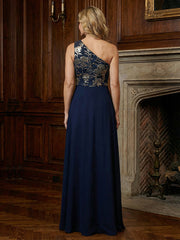 A-Line Flowy Chiffon One Shoulder Mother of the Bride & Groom Dresses with Floral Sequin