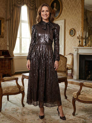 A-Line Sparkly Sequin Long Sleeves Mother of the Bride & Groom Dresses with High Neck Bow Tie
