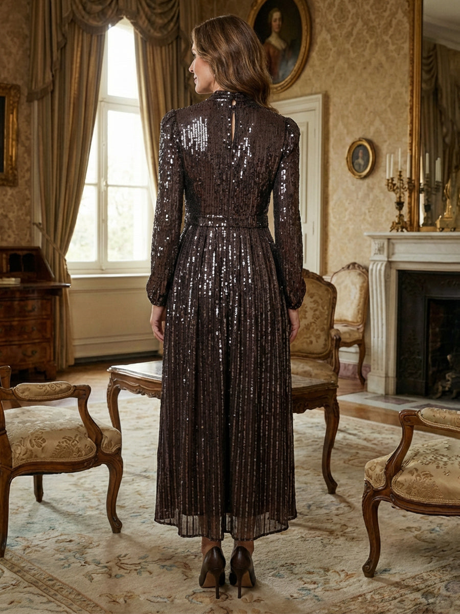 A-Line Sparkly Sequin Long Sleeves Mother of the Bride & Groom Dresses with High Neck Bow Tie