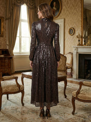 A-Line Sparkly Sequin Long Sleeves Mother of the Bride & Groom Dresses with High Neck Bow Tie