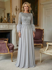 A-Line Chiffon Long Sheer Sleeves Mother of the Bride & Groom Dresses with Feather Cuffs & Beaded Bodice
