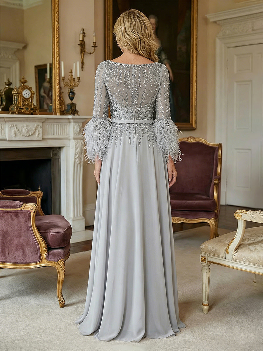 A-Line Chiffon Long Sheer Sleeves Mother of the Bride & Groom Dresses with Feather Cuffs & Beaded Bodice