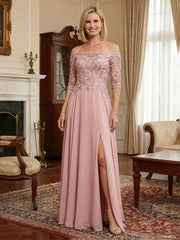 A-Line Chiffon Off Shoulder Mother of the Bride & Groom Dresses with 3/4 Lace Sleeves, Lace Appliques & Slit