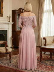 A-Line Chiffon Off Shoulder Mother of the Bride & Groom Dresses with 3/4 Lace Sleeves, Lace Appliques & Slit