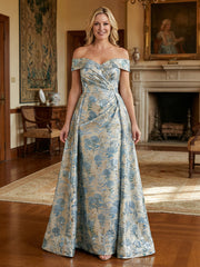 A-Line Off Shoulder Long Mother of the Bride & Groom Dresses with Floral Jacquard, Ruched Waist & Sweep Train