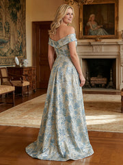 A-Line Off Shoulder Long Mother of the Bride & Groom Dresses with Floral Jacquard, Ruched Waist & Sweep Train