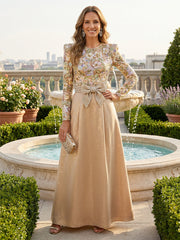 A-Line Long Sleeves Scoop Neck Mother of the Bride & Groom Dresses with 3D Floral Lace Applique Bodice & Crystal Bow Waist