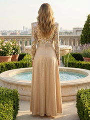 A-Line Long Sleeves Scoop Neck Mother of the Bride & Groom Dresses with 3D Floral Lace Applique Bodice & Crystal Bow Waist