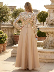 A-Line Long Sleeves Scoop Neck Satin Mother of the Bride & Groom Dresses with 3D Floral Lace Appliques & Waist Bow Belt