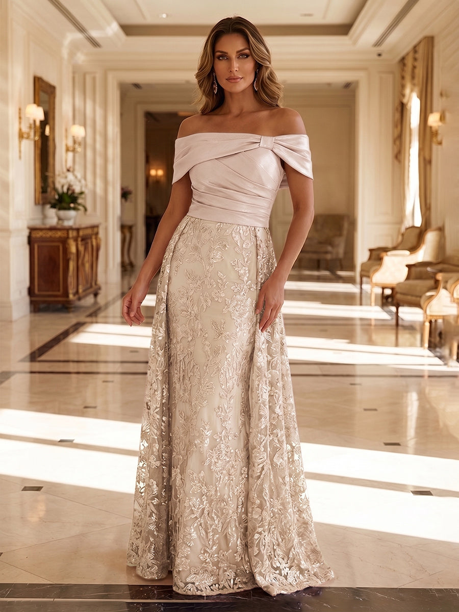 A-Line Metallic Satin Off Shoulder Bow Mother of the Bride & Groom Dresses with Floral Lace Appliques, Ruched Waist & Sweep Train
