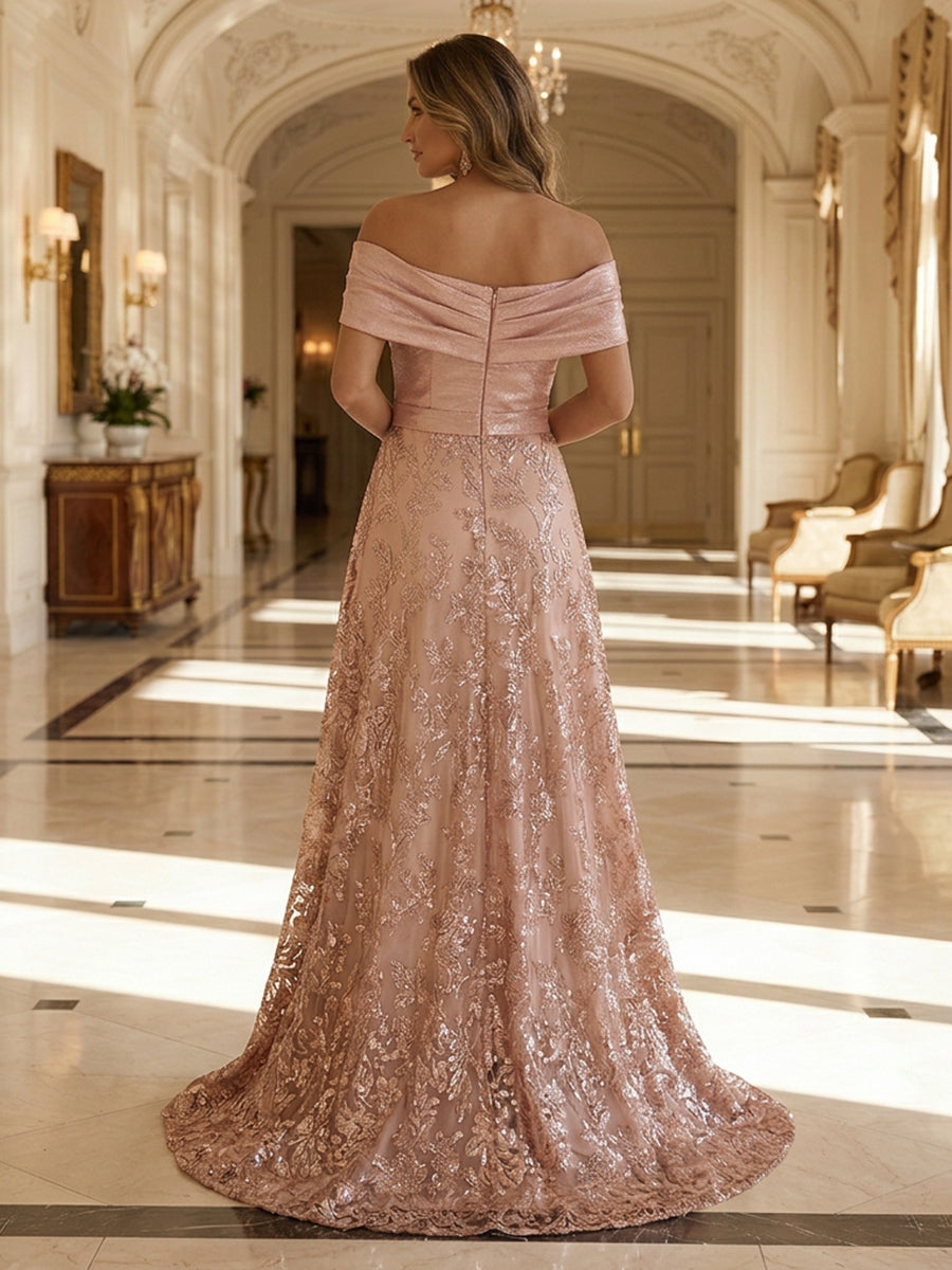 A-Line Metallic Satin Off Shoulder Bow Mother of the Bride & Groom Dresses with Floral Lace Appliques, Ruched Waist & Sweep Train