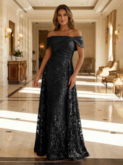 A-Line Metallic Satin Off Shoulder Bow Mother of the Bride & Groom Dresses with Floral Lace Appliques, Ruched Waist & Sweep Train