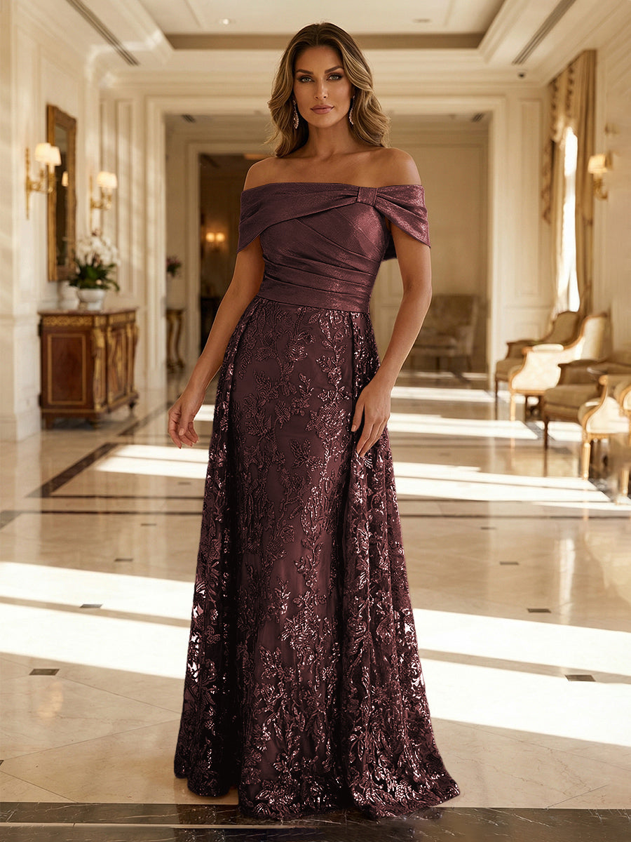 A-Line Metallic Satin Off Shoulder Bow Mother of the Bride & Groom Dresses with Floral Lace Appliques, Ruched Waist & Sweep Train