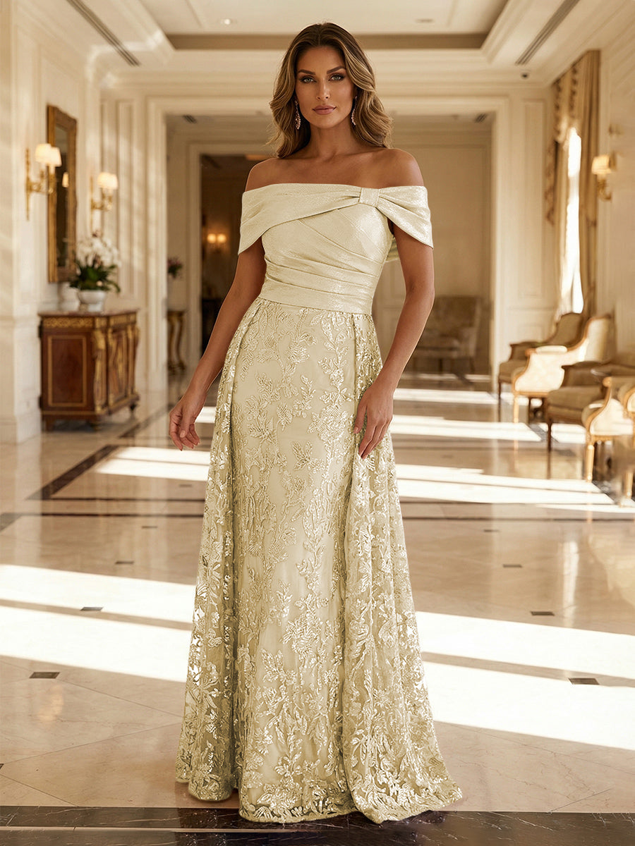 A-Line Metallic Satin Off Shoulder Bow Mother of the Bride & Groom Dresses with Floral Lace Appliques, Ruched Waist & Sweep Train