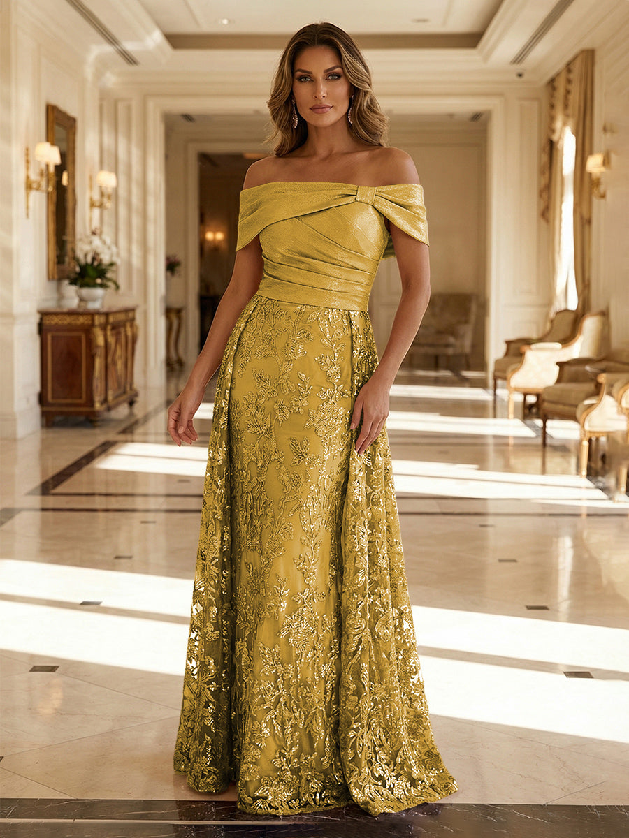 A-Line Metallic Satin Off Shoulder Bow Mother of the Bride & Groom Dresses with Floral Lace Appliques, Ruched Waist & Sweep Train