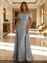 A-Line Metallic Satin Off Shoulder Bow Mother of the Bride & Groom Dresses with Floral Lace Appliques, Ruched Waist & Sweep Train