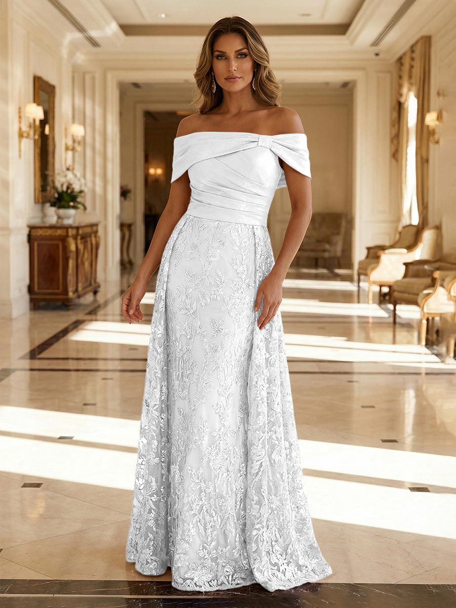 A-Line Metallic Satin Off Shoulder Bow Mother of the Bride & Groom Dresses with Floral Lace Appliques, Ruched Waist & Sweep Train