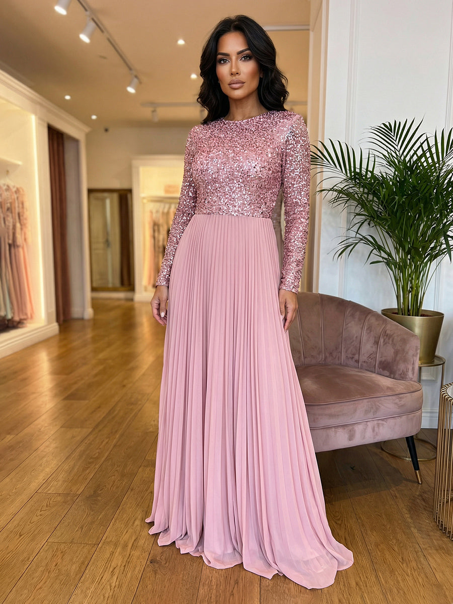 A-Line Long Sleeves Chiffon Maxi Pleated Mother of the Bride & Groom Dresses with Sparkly Sequin Bodice