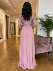 A-Line Long Sleeves Chiffon Maxi Pleated Mother of the Bride & Groom Dresses with Sparkly Sequin Bodice