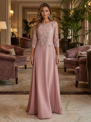 A-Line Chiffon 3/4 Sleeves Round Neck Mother of the Bride & Groom Dresses with Sequin Floral Lace Appliques