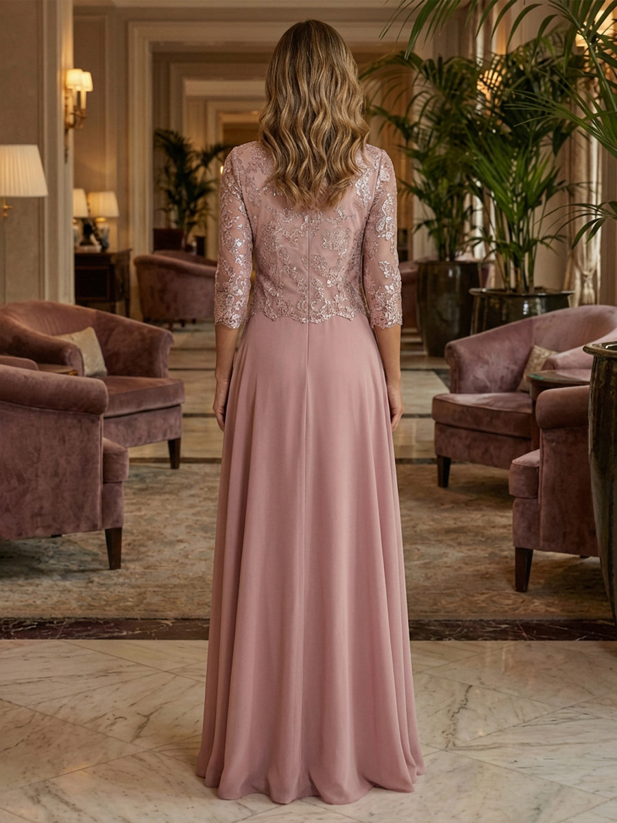 A-Line Chiffon 3/4 Sleeves Round Neck Mother of the Bride & Groom Dresses with Sequin Floral Lace Appliques