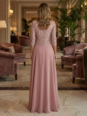 A-Line Chiffon 3/4 Sleeves Round Neck Mother of the Bride & Groom Dresses with Sequin Floral Lace Appliques